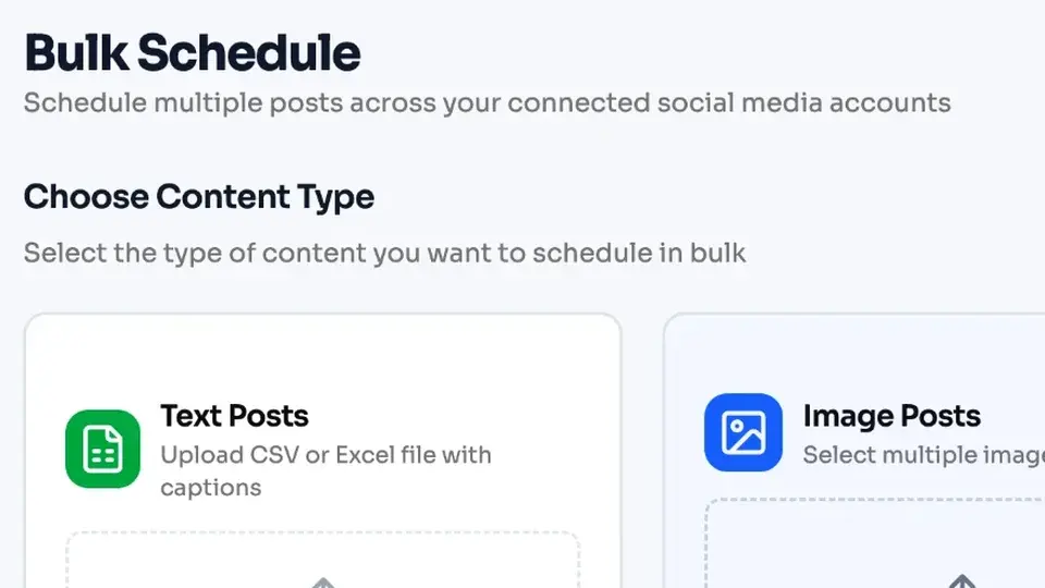 The LotsSocial Bulk schedule page for text, image and video posts