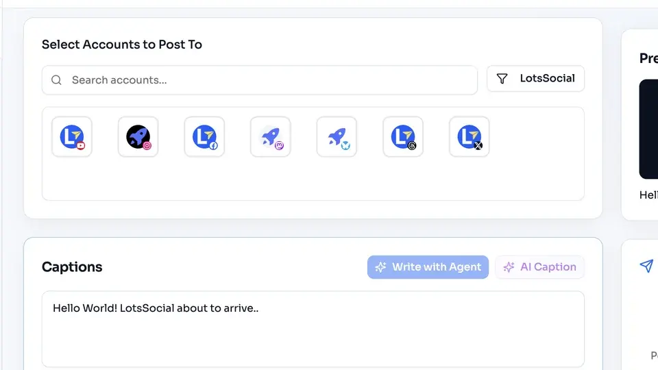 The LotsSocial post composer with captions for several networks