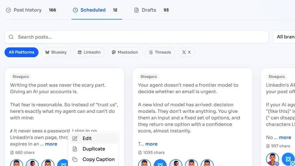 Scheduled posts in LotsSocial with the menu to edit, duplicate or publish a post