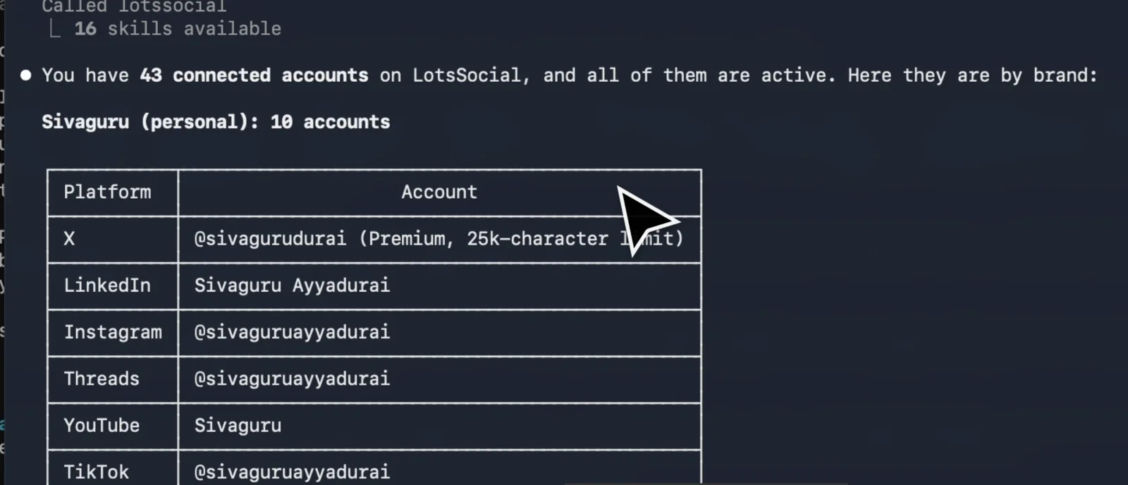 Claude Code listing connected LotsSocial accounts in a table