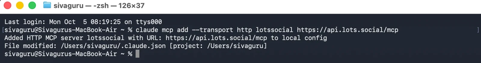 Terminal output after adding the lotssocial MCP server